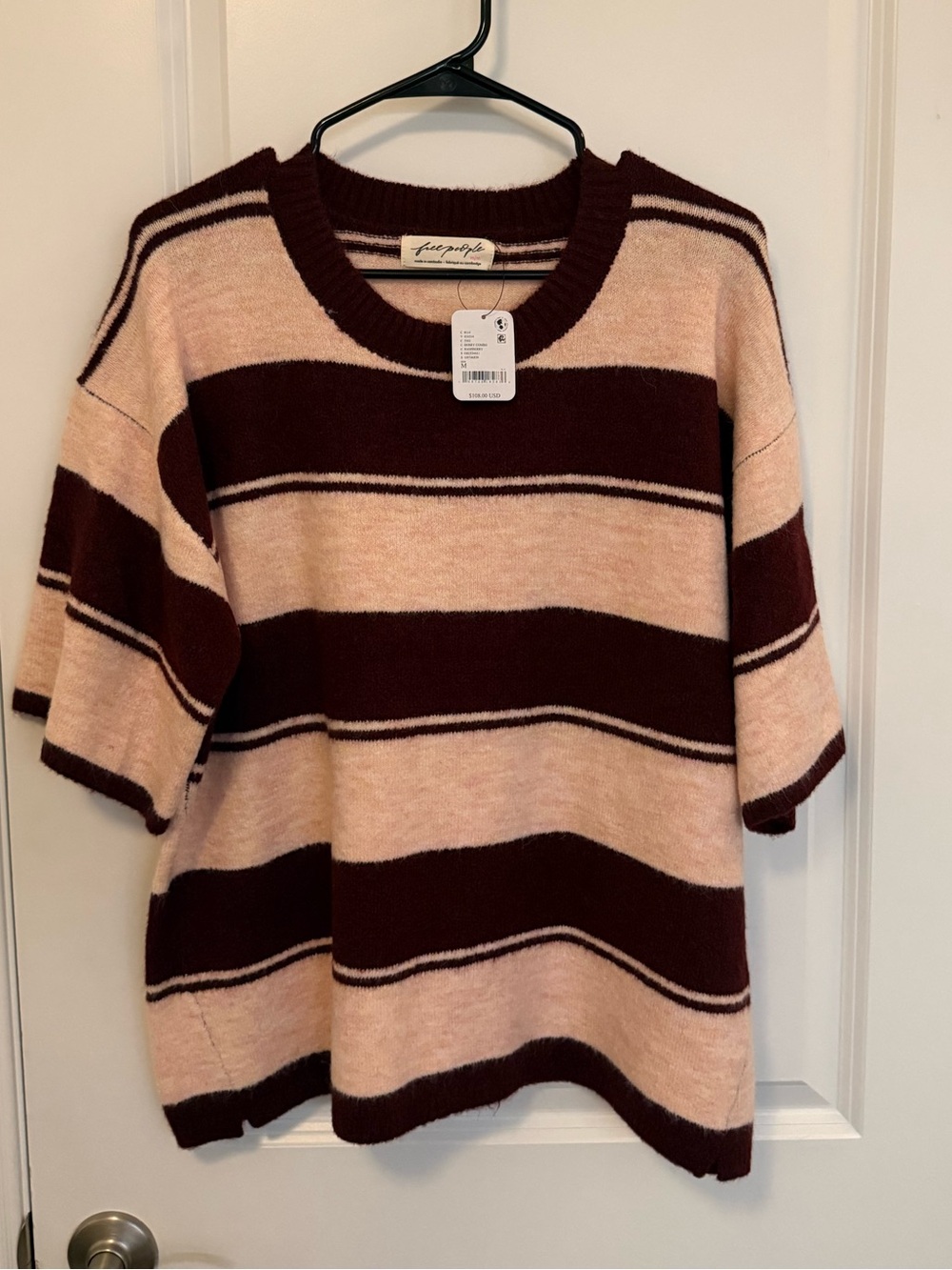 Free People Pink and Burgundy Striped Short Sleeve Sweater